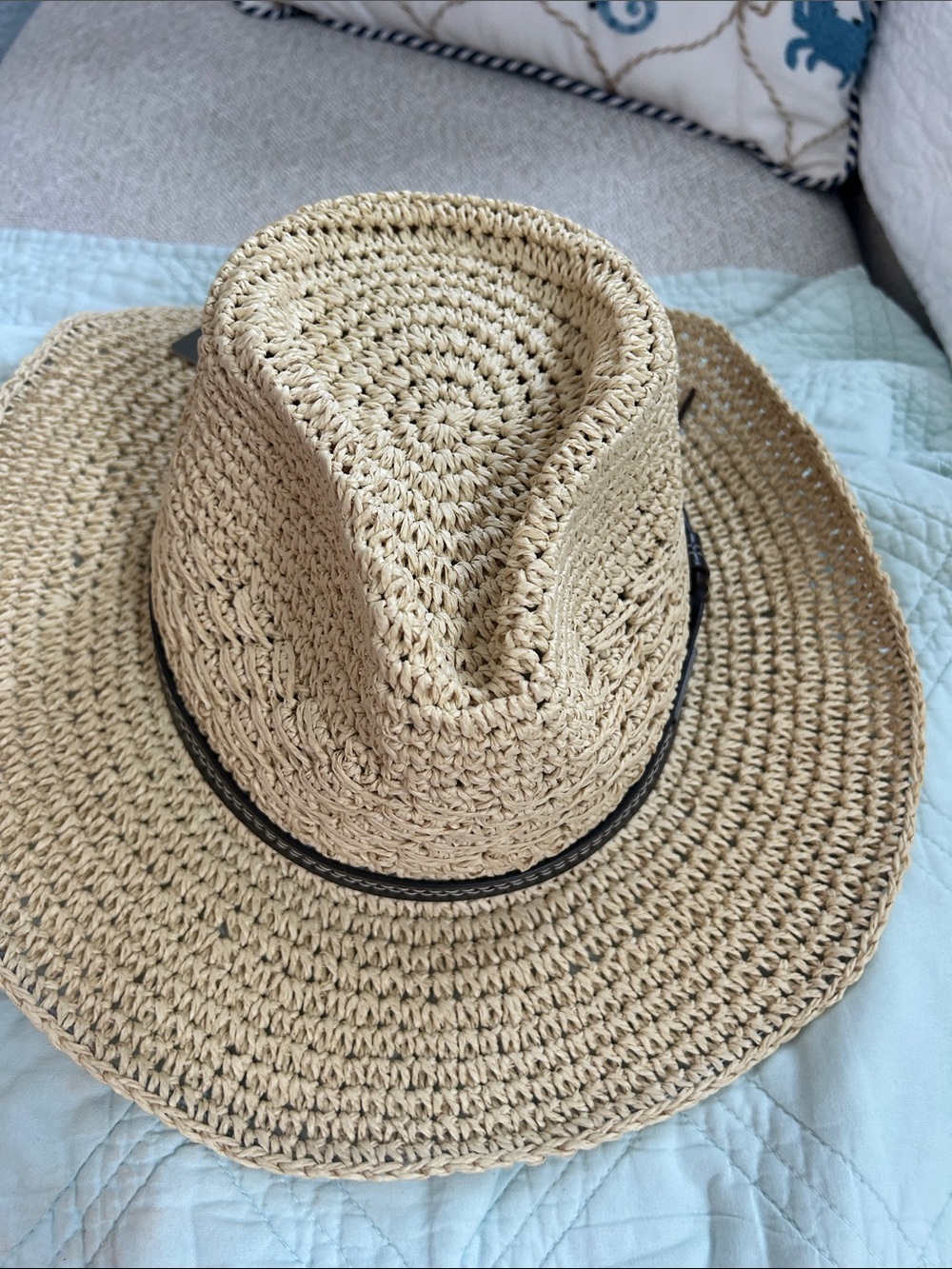 Woven Straw Sun Hat with Black Trim Unisex - Picture 1 of 3